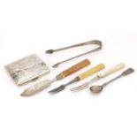 Georgian and later silver objects including a pair of sugar tongs, cigarette case and cutlery,