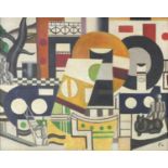 Manner of F Leger - Abstract composition, geometric shapes with figures, French Impressionist oil on
