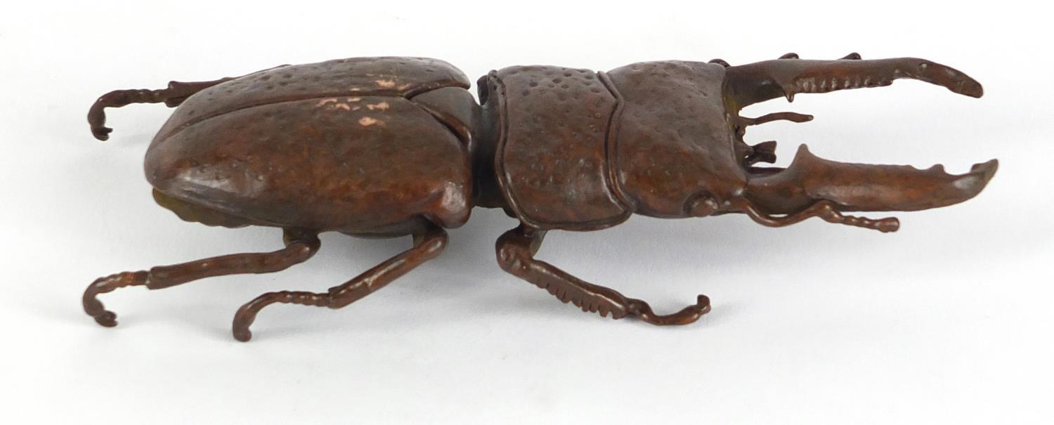 Japanese patinated bronze stag beetle, impressed marks to the underside, 13.5cm in length :For - Image 4 of 7