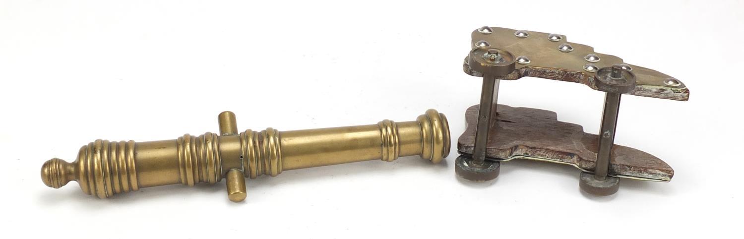 Antique brass table cannon and carriage, 24.5cm in length :For Further Condition Reports Please - Image 5 of 6