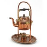 Arts & Crafts copper and brass teapot on stand with burner by Henry Loveridge, 37cm high :For