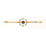 Art Deco 15ct gold sapphire and seed pearl bar brooch, housed in a fitted tooled leather box, 5.