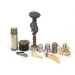 Objects including silver thimbles, Tunbridge Ware container, hand design seal and a carved leg