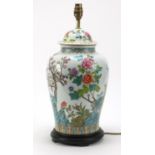 Chinese porcelain table lamp, hand painted with birds of paradise amongst blossoming trees with