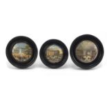 Three Victorian Prattware pot lids housed in ebonised frames comprising Crystal Palace, Interior