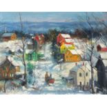 Manner of AYJ - Winter town scene, Canadian school oil on board, mounted and framed, 53cm x 41.