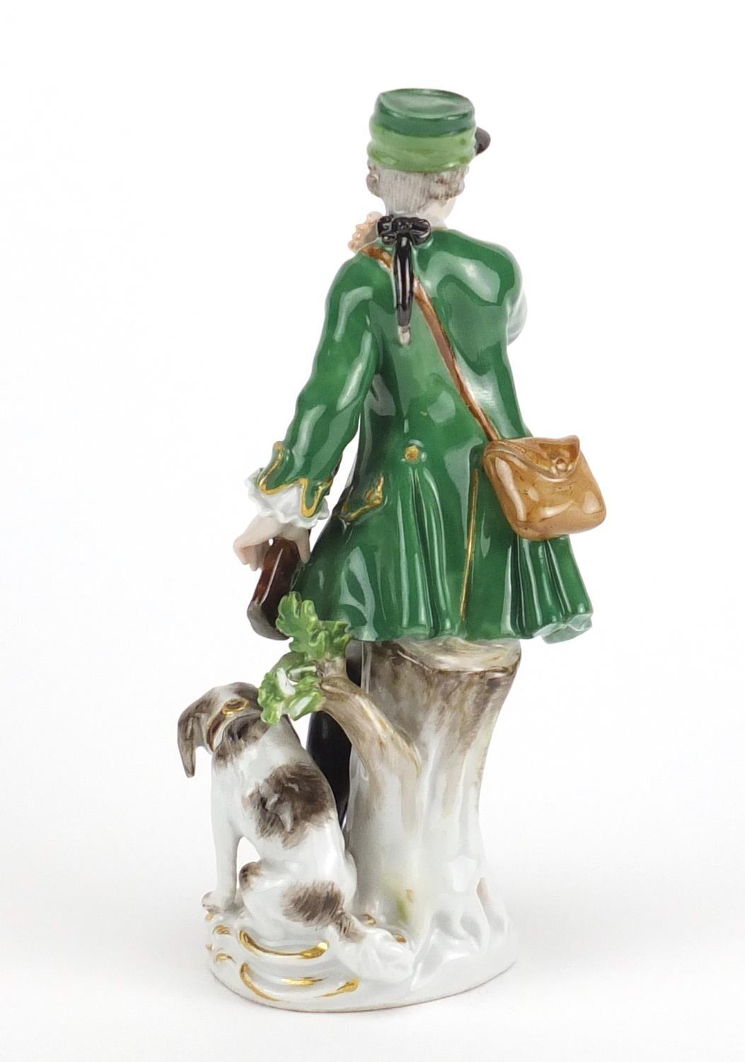 19th century Meissen porcelain figure of a huntress with a dog, blue cross sword marks to the - Image 2 of 5