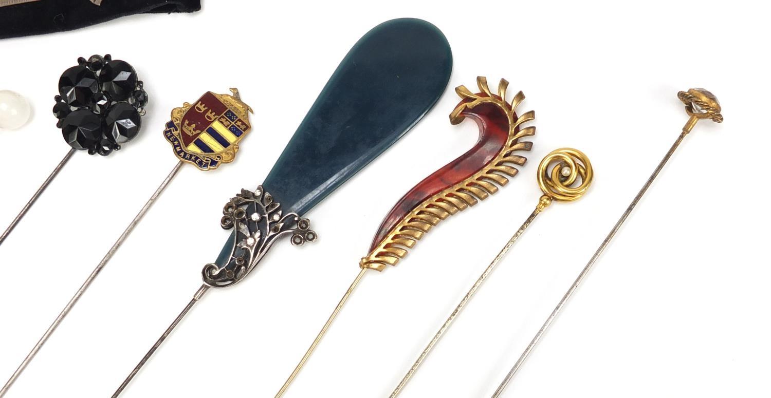 Collection of vintage hat pins including one unmarked gold, some enamelled, cameo and turquoise, the - Image 4 of 7