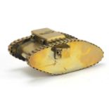 British military World War I Trench Art tank with applied plaque engraved Alfie, 19cm in length :For