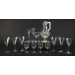 French Art Deco glass claret jug with silver plated mounts and thirteen glasses, possibly by