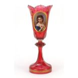 19th Century Bohemian ruby glass vase hand painted with a portrait of a young girl, 34cm high :For