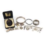 Mostly silver jewellery including enamelled Tutankhamun coffin, identity bracelet, necklaces and a