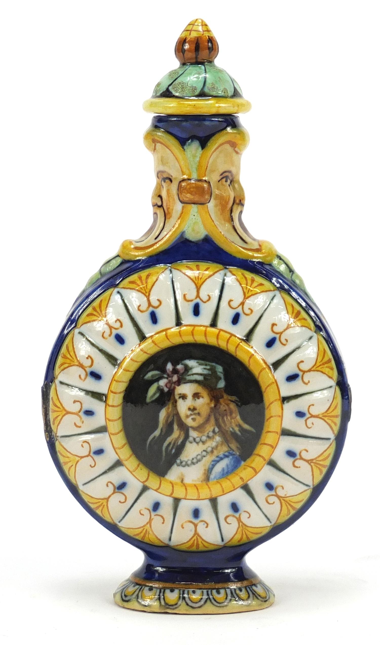 Italian Majolica lidded flask by Richard Ginori, hand painted with a portrait of a female and two