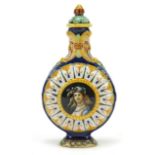 Italian Majolica lidded flask by Richard Ginori, hand painted with a portrait of a female and two
