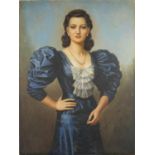 Kyril Vassilev - Top half portrait of a female wearing a blue dress, oil on canvas, unframed, 119.