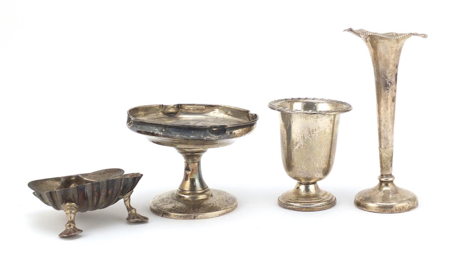 Silver items comprising two vases, a pedestal bonbon dish and a Victorian shell shaped open salt, - Image 2 of 12