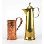 Jan Eisenloeffel brass chocolate jug and a Danish Arts & Crafts copper measurer, the largest 23cm