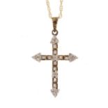 9ct gold clear stone cross pendant on a 9ct gold necklace, the pendant 3.5cm in length, 2.2g :For