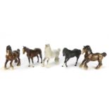 Five Beswick horses including Black Beauty, the largest 20cm high :For Further Condition Reports