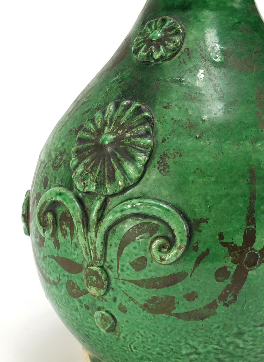 Turkish Canakkale green glazed pottery ewer with applied flower heads, 39cm high :For Further - Image 3 of 6