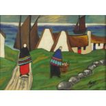 Manner of Markey Robinson - Figures by cottages before water, Irish School oil, mounted, unframed,