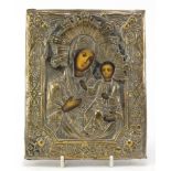 Hand painted Russian orthodox icon with silver plated mounts, 18.5cm x 15cm :For Further Condition