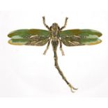 Designer gilt metal and enamel dragonfly brooch, set with green stones, 10.5cm in length :For