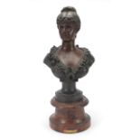Bronzed bust of an Art Nouveau female, on circular faux marble base, 50cm high :For Further