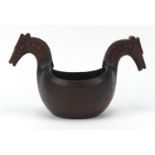 18th century Norwegian Kasa Ale cup carved with horse heads, 30cm wide :For Further Condition