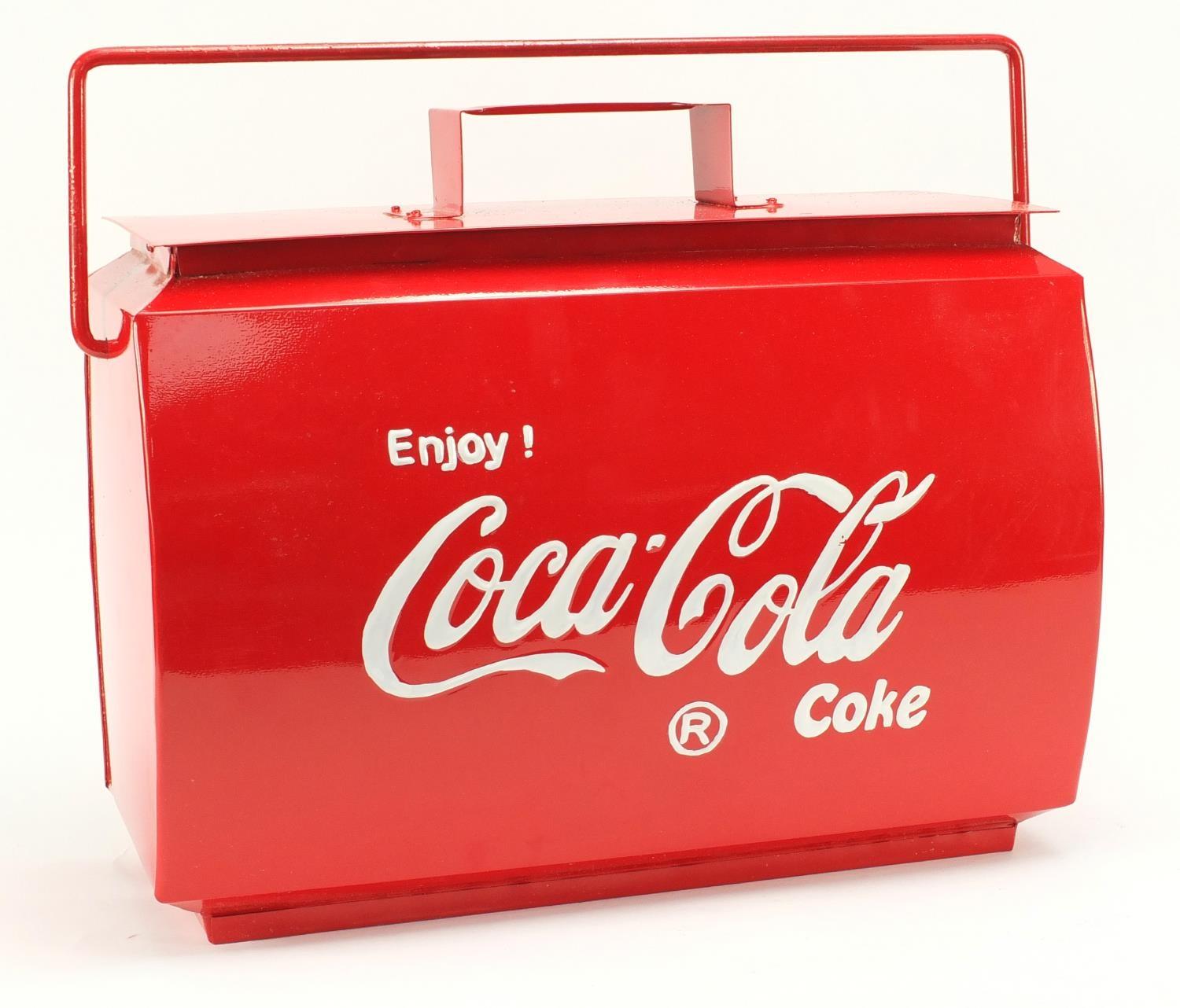 Retro Coca Cola cooler with swing handle, 36cm high x 45.5cm wide :For Further Condition Reports