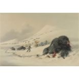Dying buffalo bull in snow drift, 19th century coloured lithograph from Katlins N A Indian