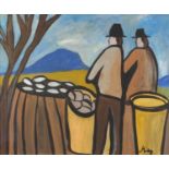 Manner of Markey Robinson - The Potato Gatherers, oil onto board, bearing a Bell Gallery label