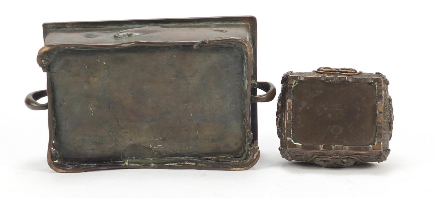 Pair of Japanese patinated bronze bonsai planters including one with twin handles, the largest 18. - Image 9 of 9