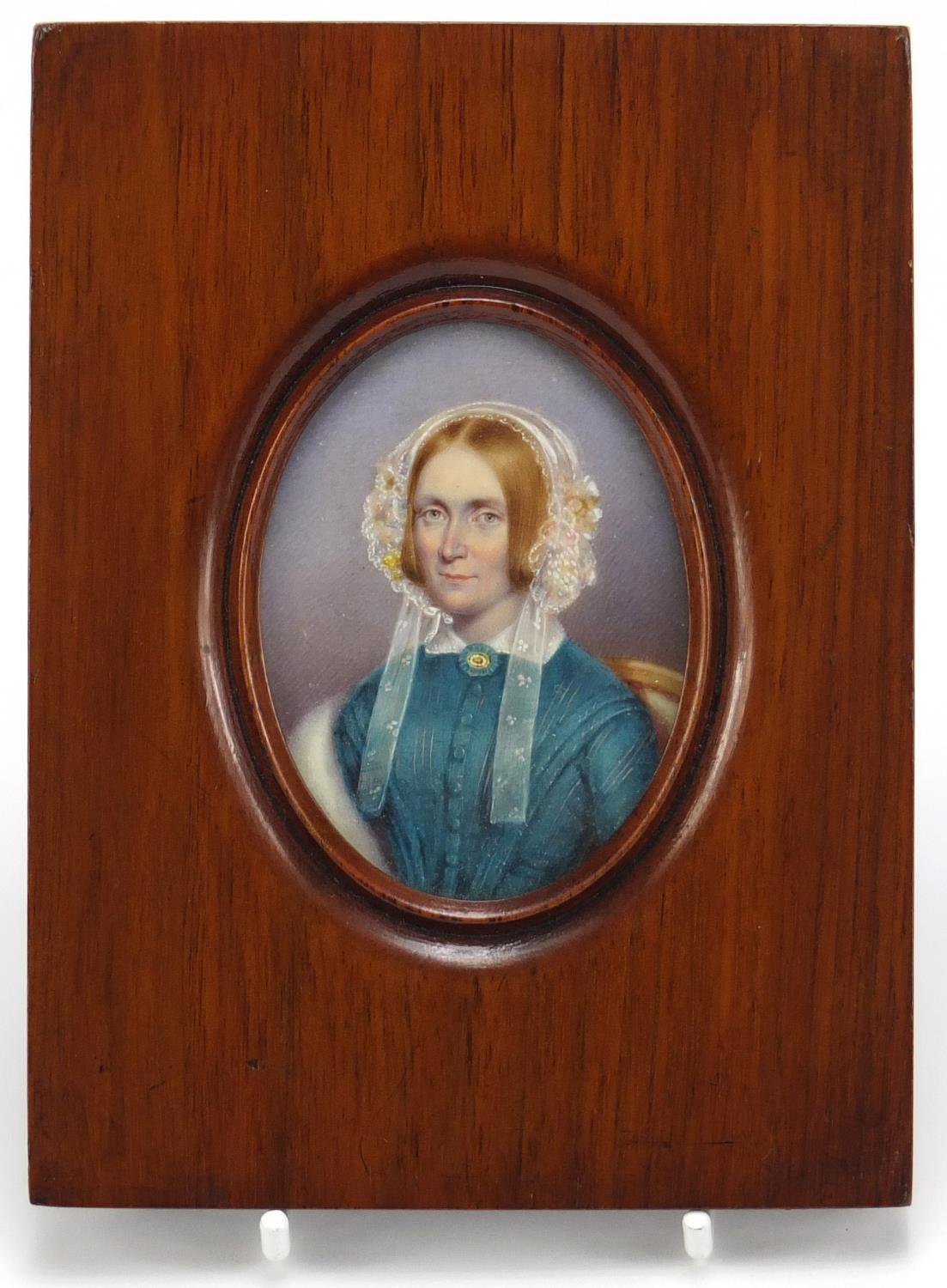 19th century oval hand painted portrait miniature of a female wearing a veil, framed, 7.5cm x 5.