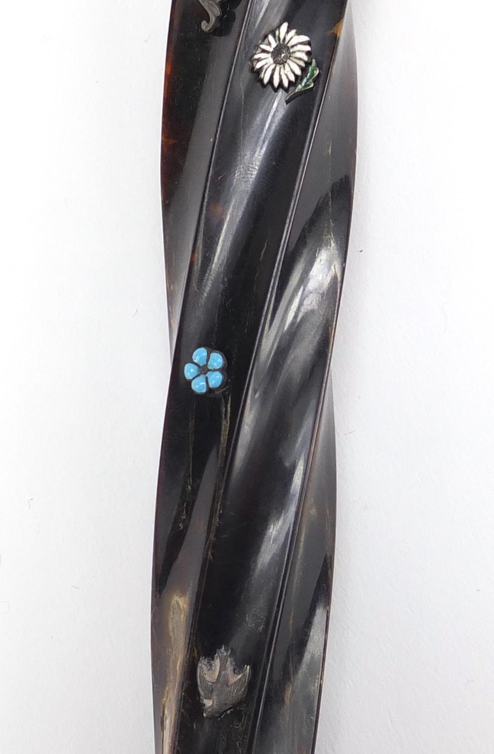Victorian writhen tortoiseshell parasol handle with applied silver monogram and enamelled flower - Image 4 of 6