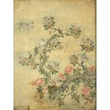 Chinese watercolour on silk, depicting birds of paradise amongst blossoming flowers, framed, 33cm