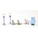 Art glassware including Helen Millard and a pair of latticino birds, the largest 18cm high :For