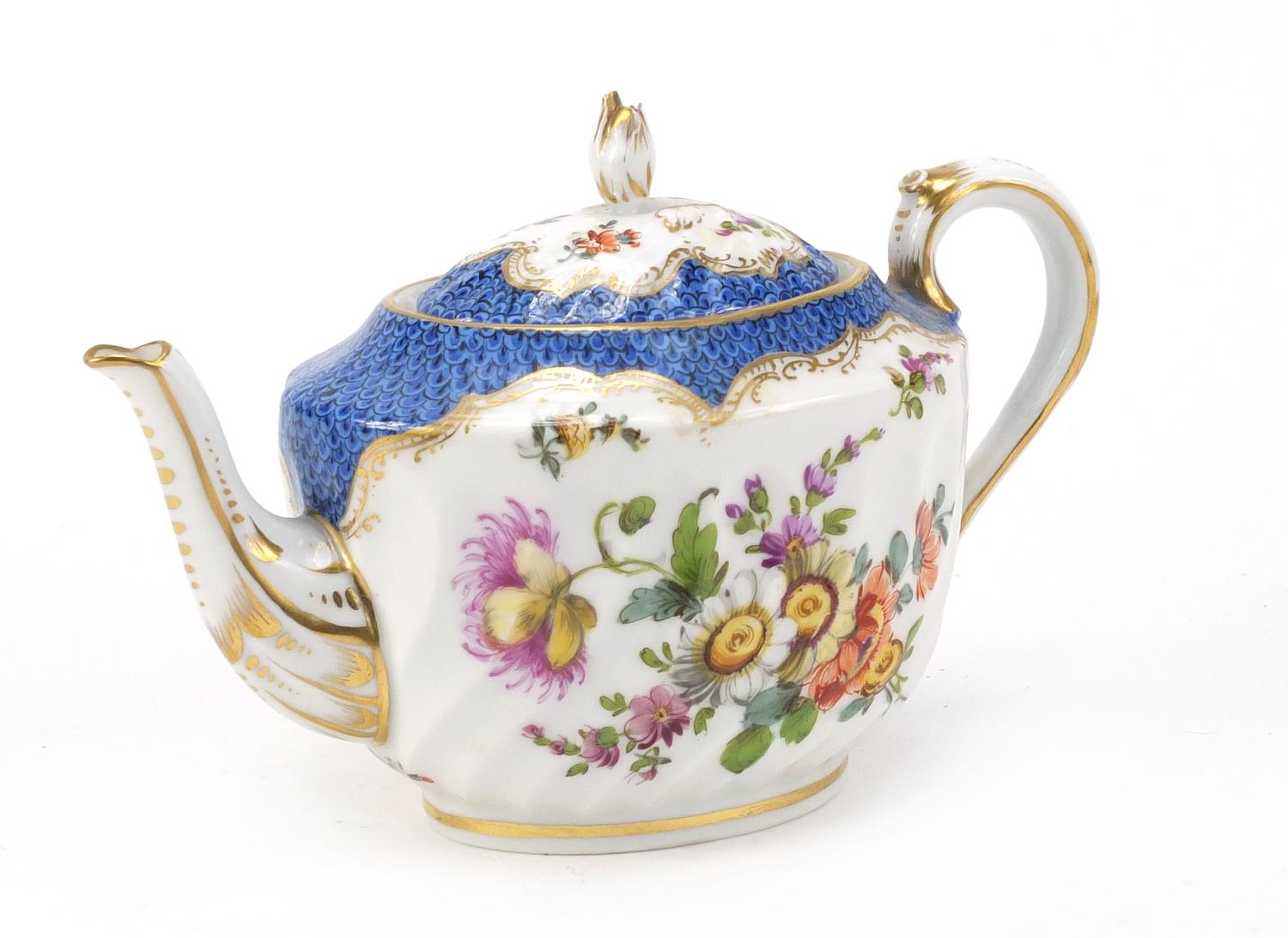 Dresden porcelain fluted teapot, hand painted with flowers, 19cm in length :For Further Condition