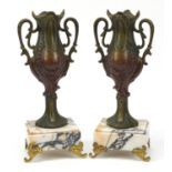 Pair of French Art Deco garniture vases with marble bases, each 30cm high :For Further Condition