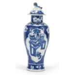 Chinese blue and white porcelain baluster vase with cover, hand painted with lucky objects onto a