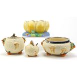 Clarice Cliff Newport pottery including a centre piece and jam pot with cover, the largest 22cm wide
