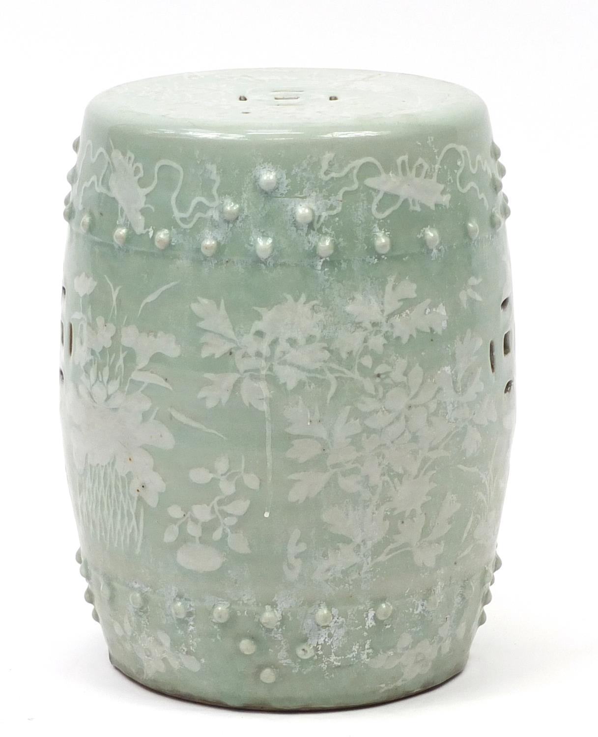 Chinese celadon glaze barrel shaped garden seat, hand painted with birds of paradise and butterflies - Image 4 of 5