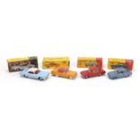 Four vintage Dinky toys with boxes comprising Buick Riviera 57/001, Ford Consul Corsair 130, Ford