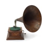Vintage His Master's Voice oak wind up gramophone with oak horn :For Further Condition Reports