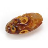 Large Chinese agate pendant carved with a dragon, 10cm in length :For Further Condition Reports
