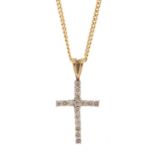 9ct gold diamond cross pendant on a 9ct gold necklace, the pendant 2.2cm in length, 2.6g :For