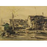 Farmyard buildings and chickens, watercolour, bearing an indistinct signature, mounted and framed,