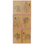 Six Indian Mughal style miniatures, each hand painted with erotic scenes and birds, each 9.3cm x 6cm