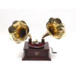 Retro Victrola style gramophone with two brass horns, 67cm high :For Further Condition Reports