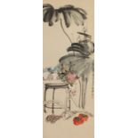Attributed to Zhangda Qian - Plants, Chinese watercolour wall hanging scroll, 94cm x 35cm :For